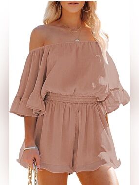 Amazon Off-Shoulder Blouson Romper in Dusty Blush Size L